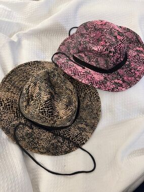 Set of 2 Vintage Y2K Snakeskin Print Safari Hats - Pink & Tan Python